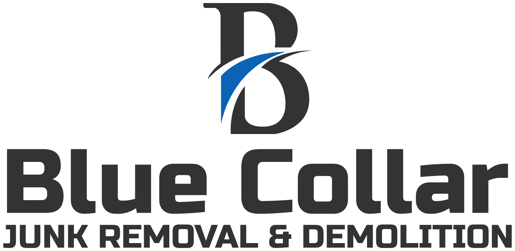 Blue Collar Junk Removal and Demolition company logo with black text and a stylized 'BC' with a blue and black swoosh.