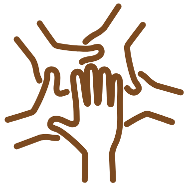 Illustration of multiple hands stacked together in a gesture of unity or teamwork.