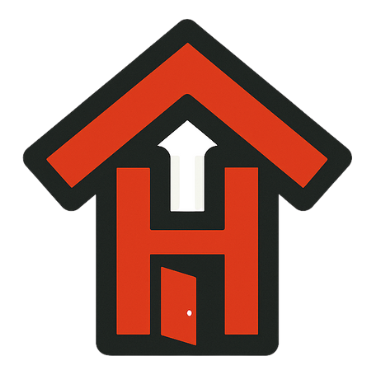 A logo featuring an orange house with a black outline and an upward arrow incorporated into the roof, with a large red 'H' inside.