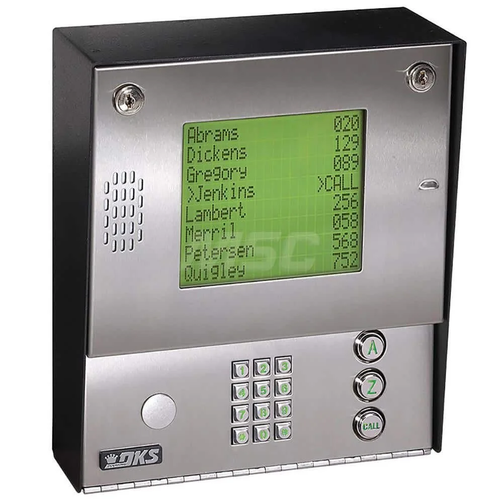 Electronic intercom or message board with a green screen displaying a list of names and corresponding numbers, with a keypad and buttons below.
