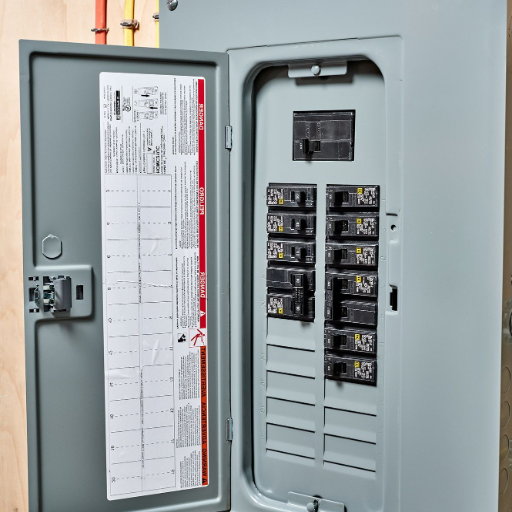 An open electrical circuit breaker box with multiple circuit breakers inside.