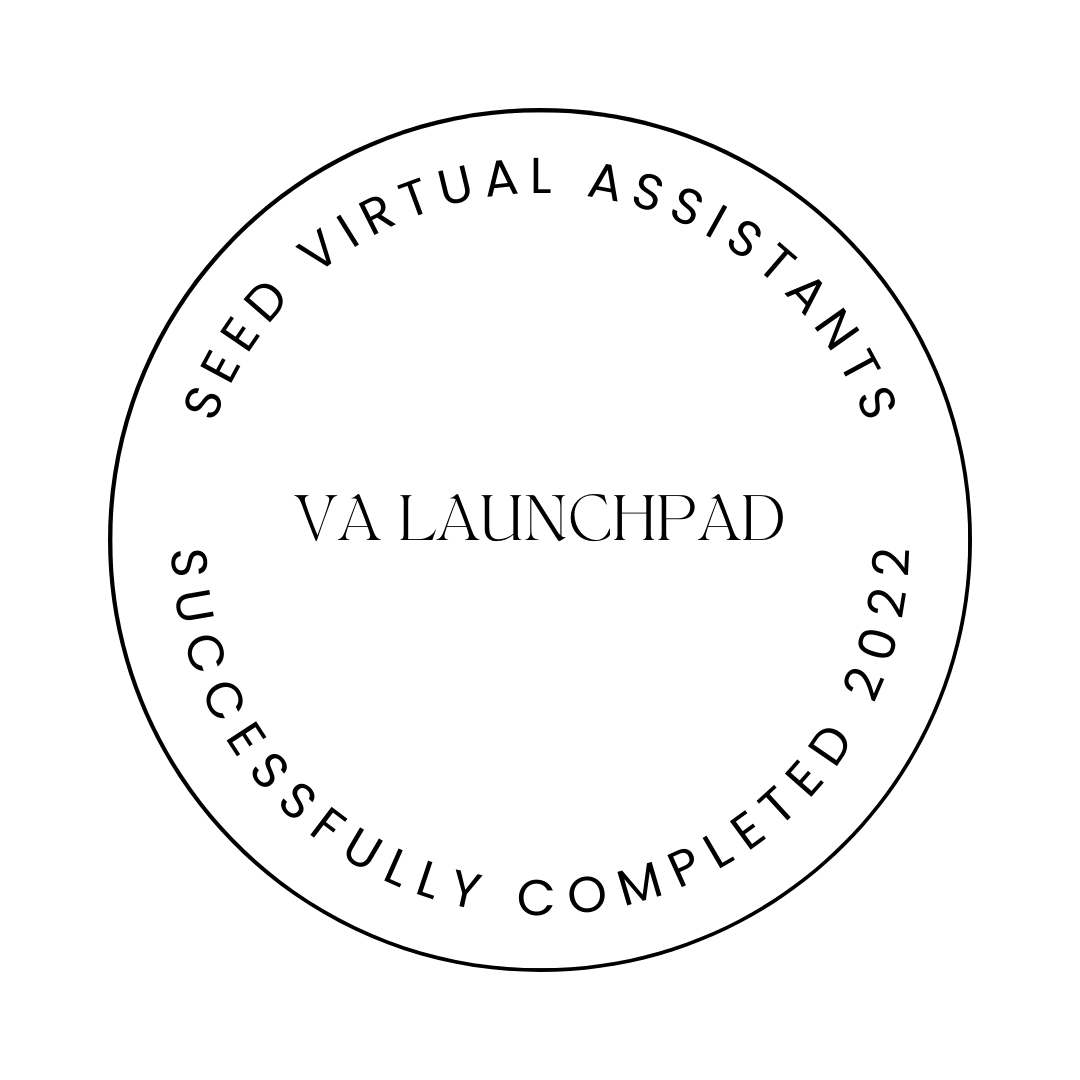 A circular badge with the text 'VA Launchpad' in the center, and an outer ring that reads 'Seed Virtual Assistants Succeeds Fully Completed 2022'.