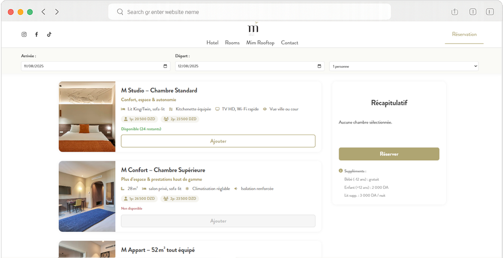 MIM Booking — écran sélection