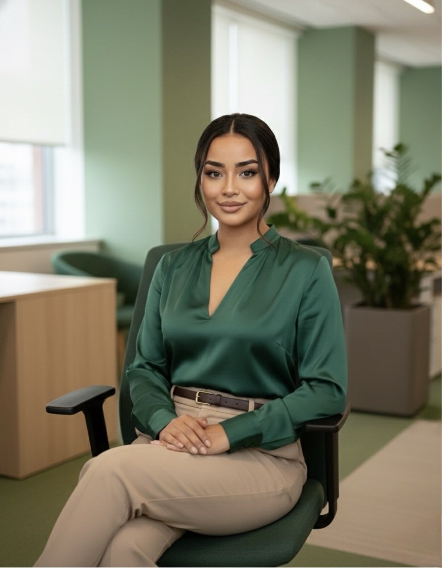 A woman with dark hair and brown skin sitting on an office chair in a modern office space, wearing a green blouse and beige pants, with a plant visible in the background.