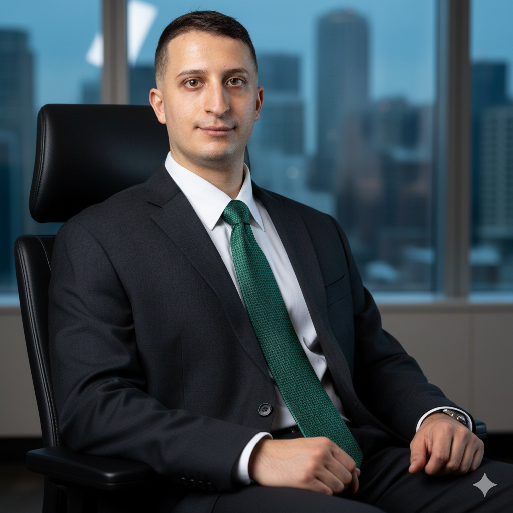 A young man in a black suit and green tie sitting in an office chair in front of a window with a cityscape view.