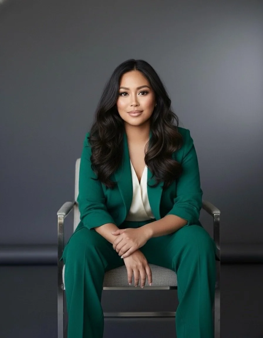 A woman with long dark hair, wearing a teal suit and white top, sitting on a gray chair against a gray background.