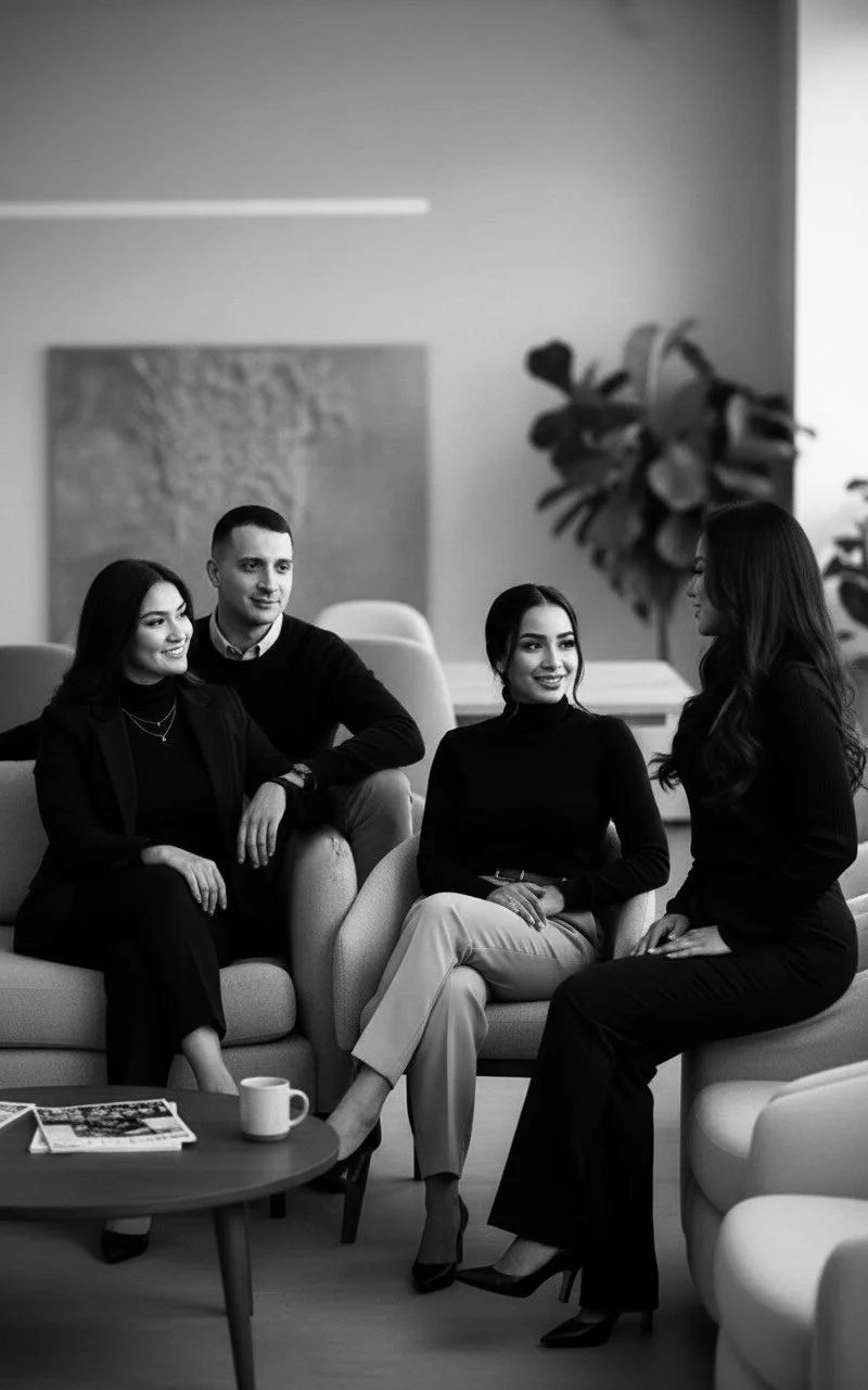 Four young adults having a conversation in a modern office or lounge space, sitting on sofas and chairs, with a coffee table in front, depicted in black and white.