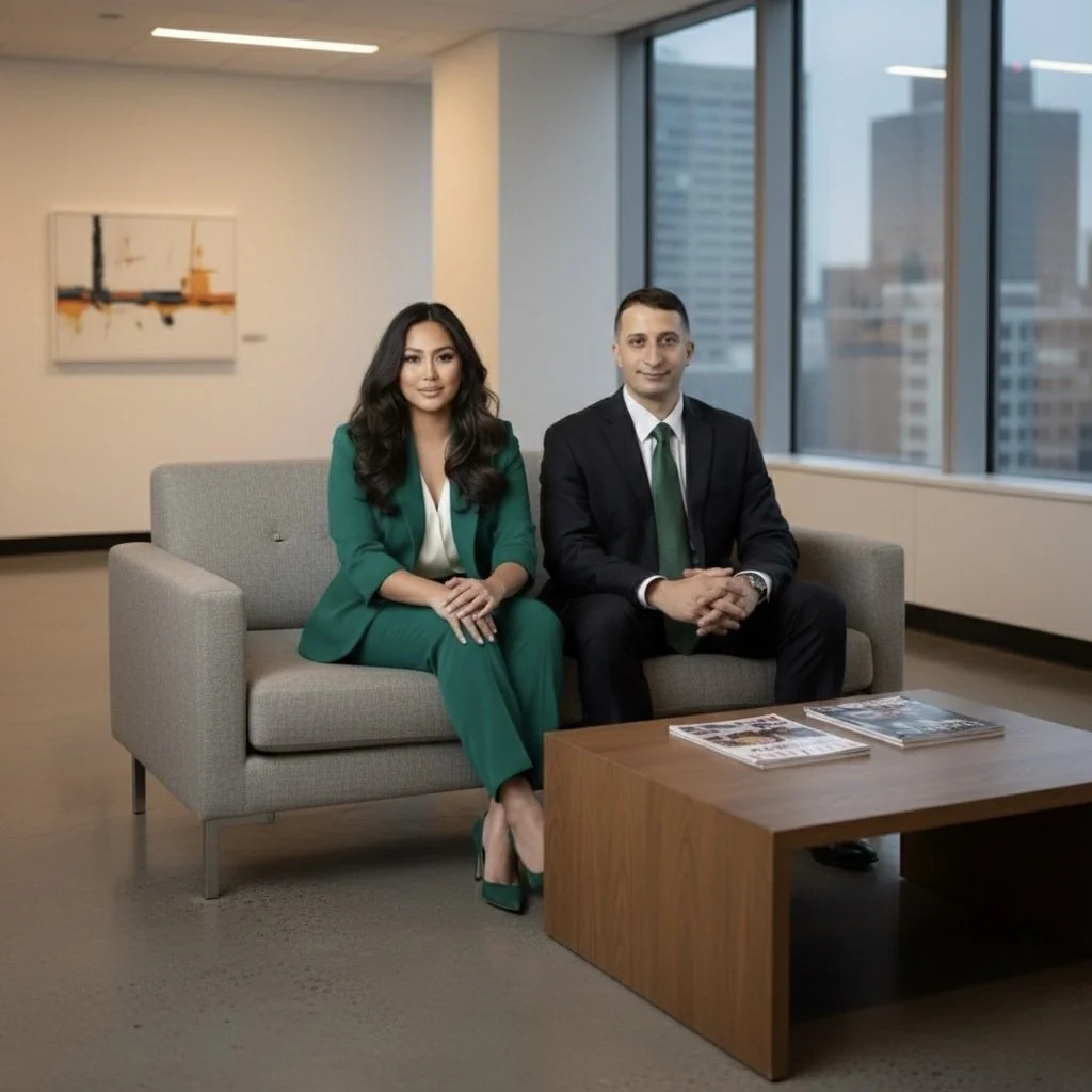 A woman and a man in business attire sitting on a gray sofa in a modern office with large windows showing city buildings. There are magazines on a wooden coffee table in front of them.