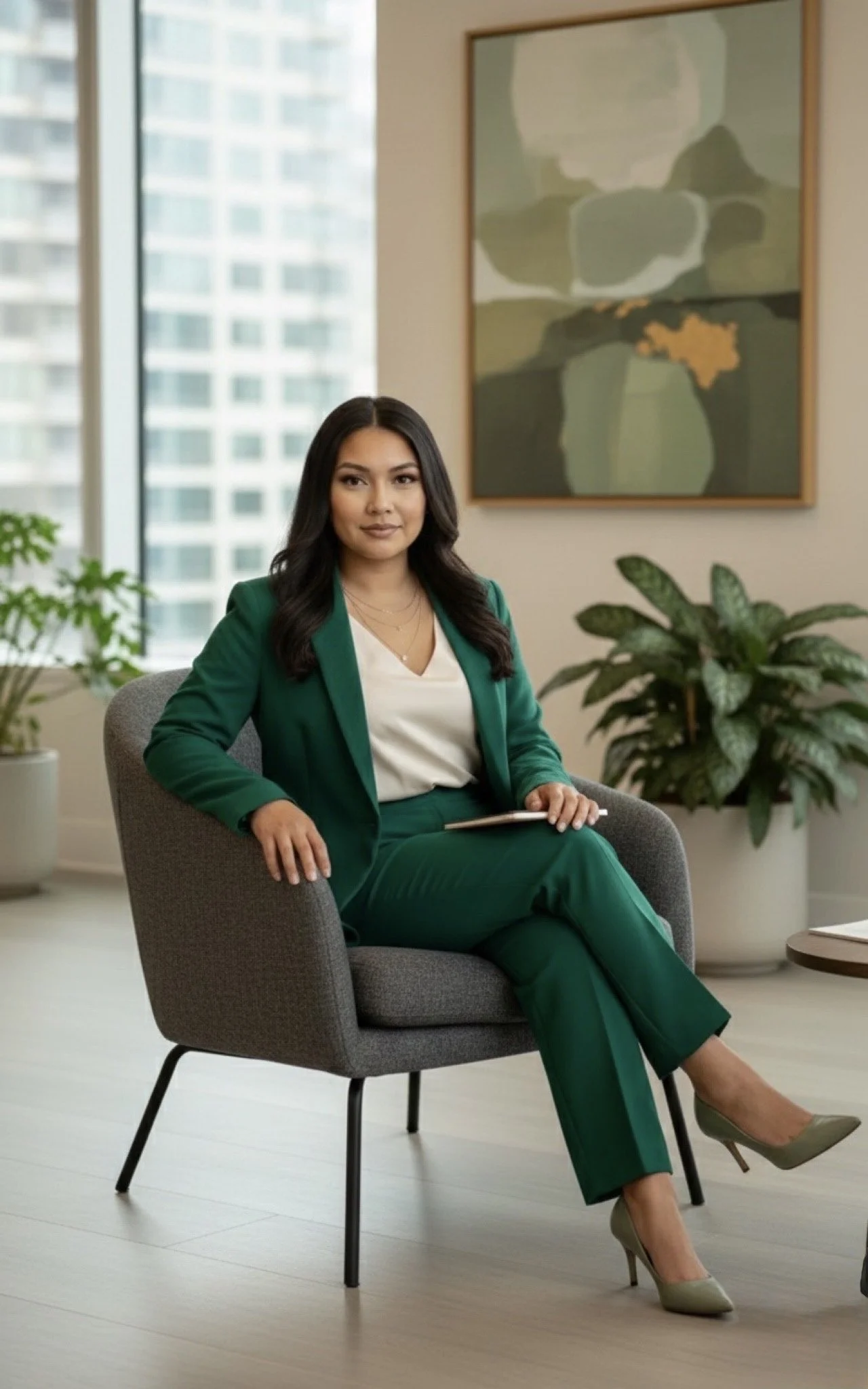 A woman in a green suit sitting in a modern office, holding a tablet, with houseplants and abstract artwork on the wall behind her.