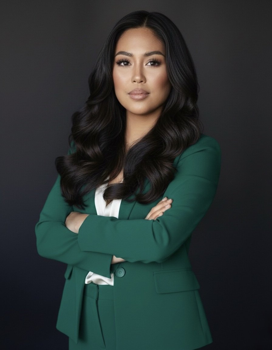 A woman with long, wavy black hair, wearing a green blazer with arms crossed, standing against a dark background.