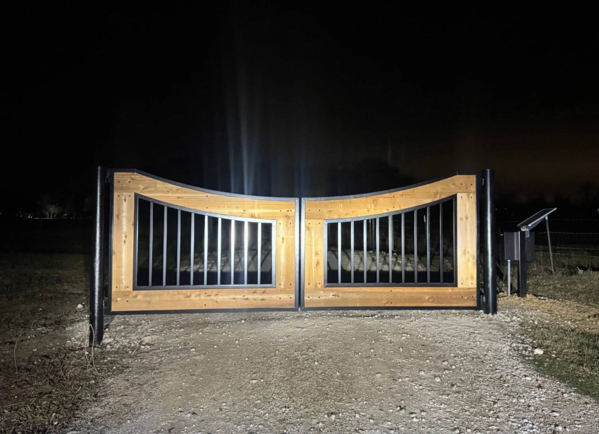 Custom.Wood.Metal.Automatic.Gate.Night.Needville.TX.JPG