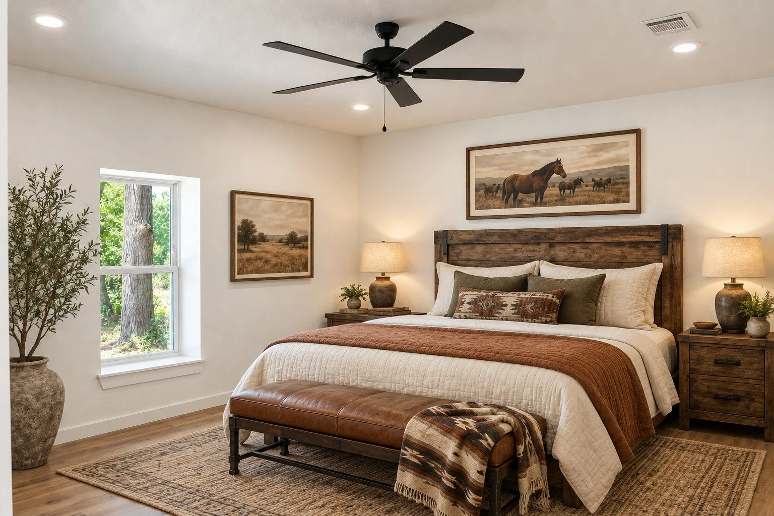 Primary bedroom with a vaulted ceiling, black ceiling fan, large window, and wood-look tile flooring in a custom Texas barndominium.