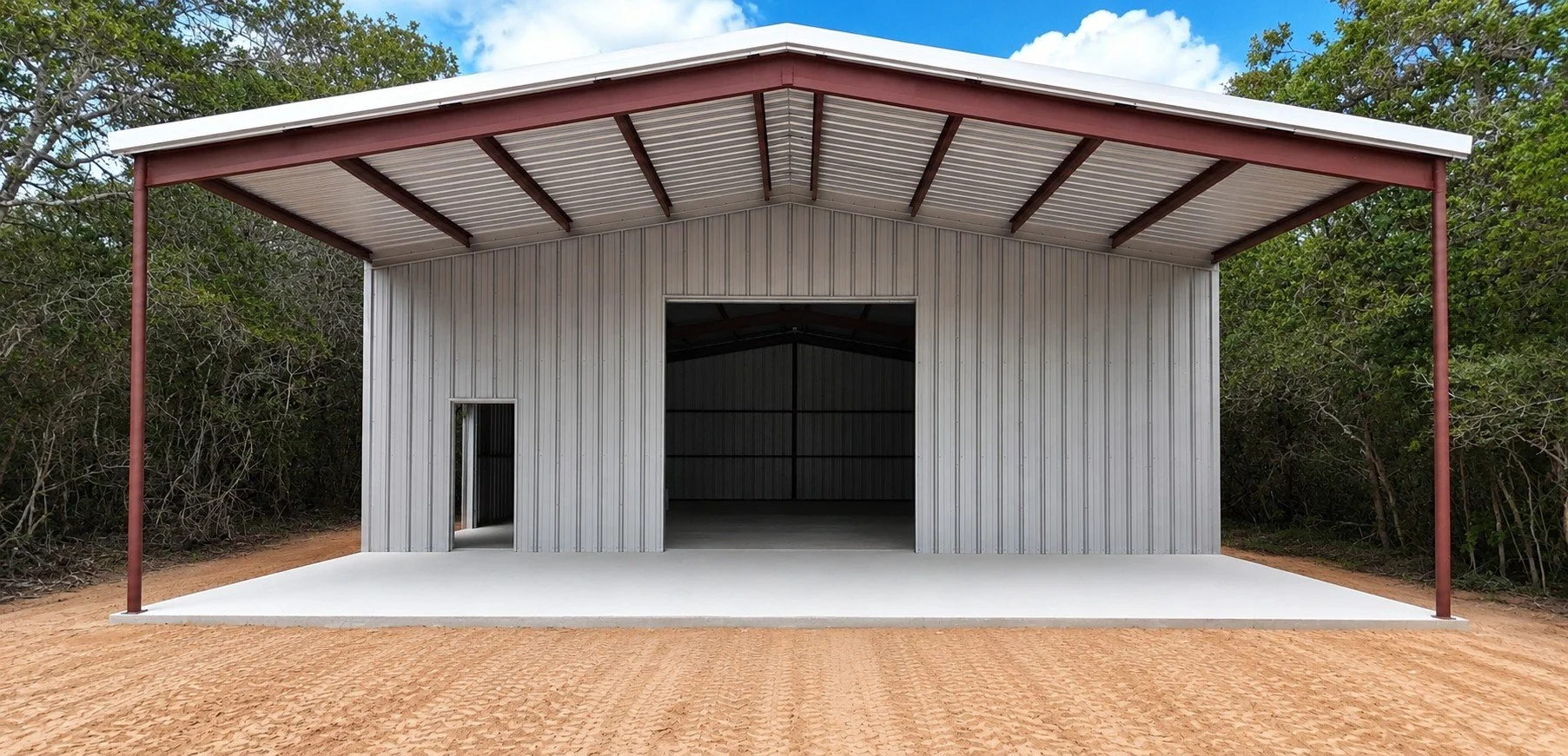 Custom Metal Shop with Full Front Awning — Waelder, TX