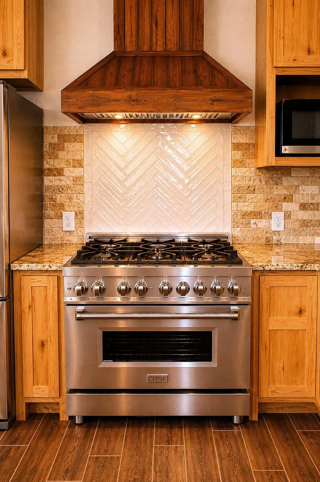 Custom barndominium kitchen with handcrafted vent hood, farmhouse sink, and warm wood details