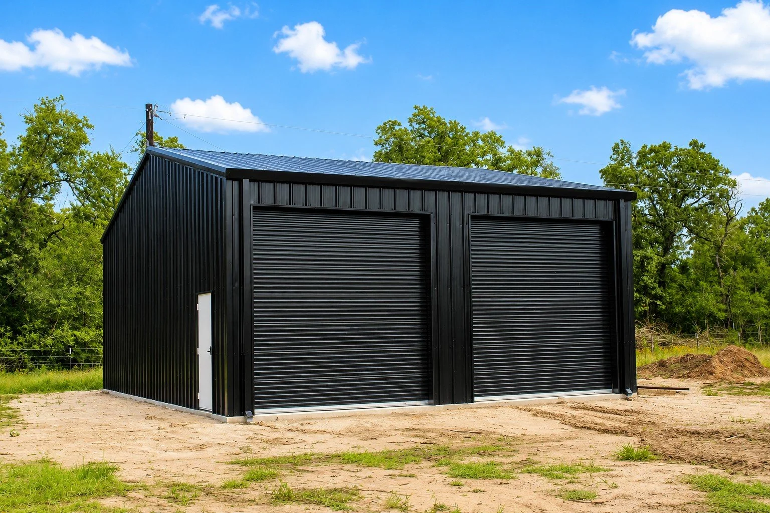 Front angle showcasing the black exterior, dual insulated roll-up doors, and clean, modern design.
