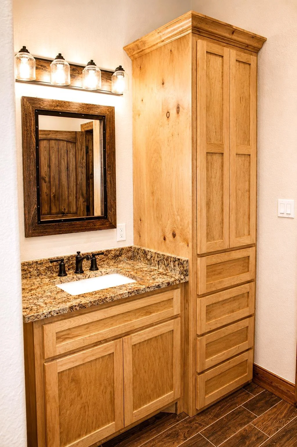 Custom cabinets and granite countertops inside secondary bathroom