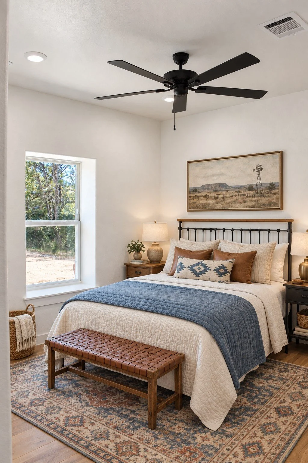 Third bedroom with a vaulted ceiling, black ceiling fan, recessed lighting, and a large window overlooking the wooded property.