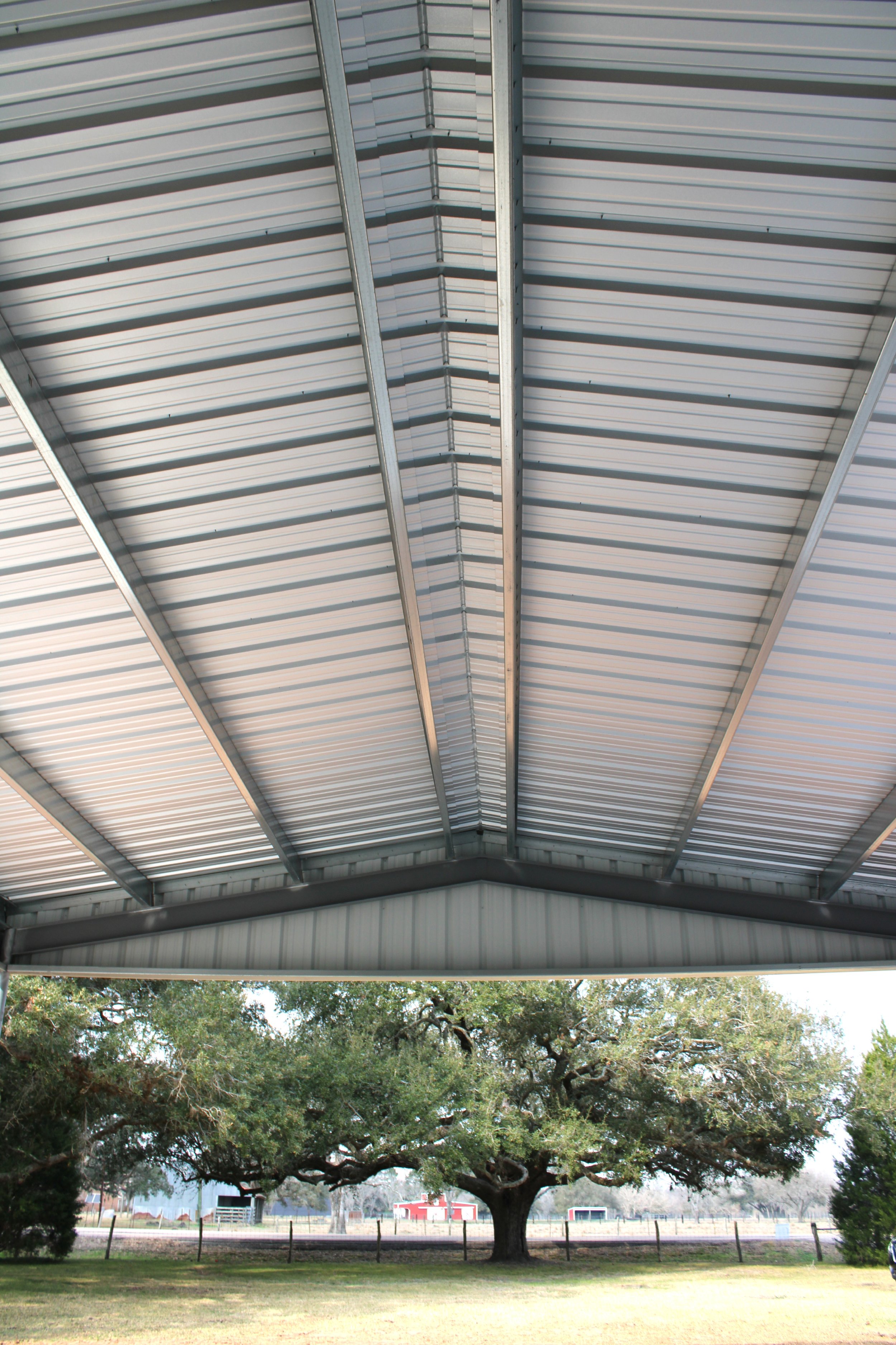 Interior ceiling detail showing galvanized purlins and insulated R-panel roof system in Damon, TX.