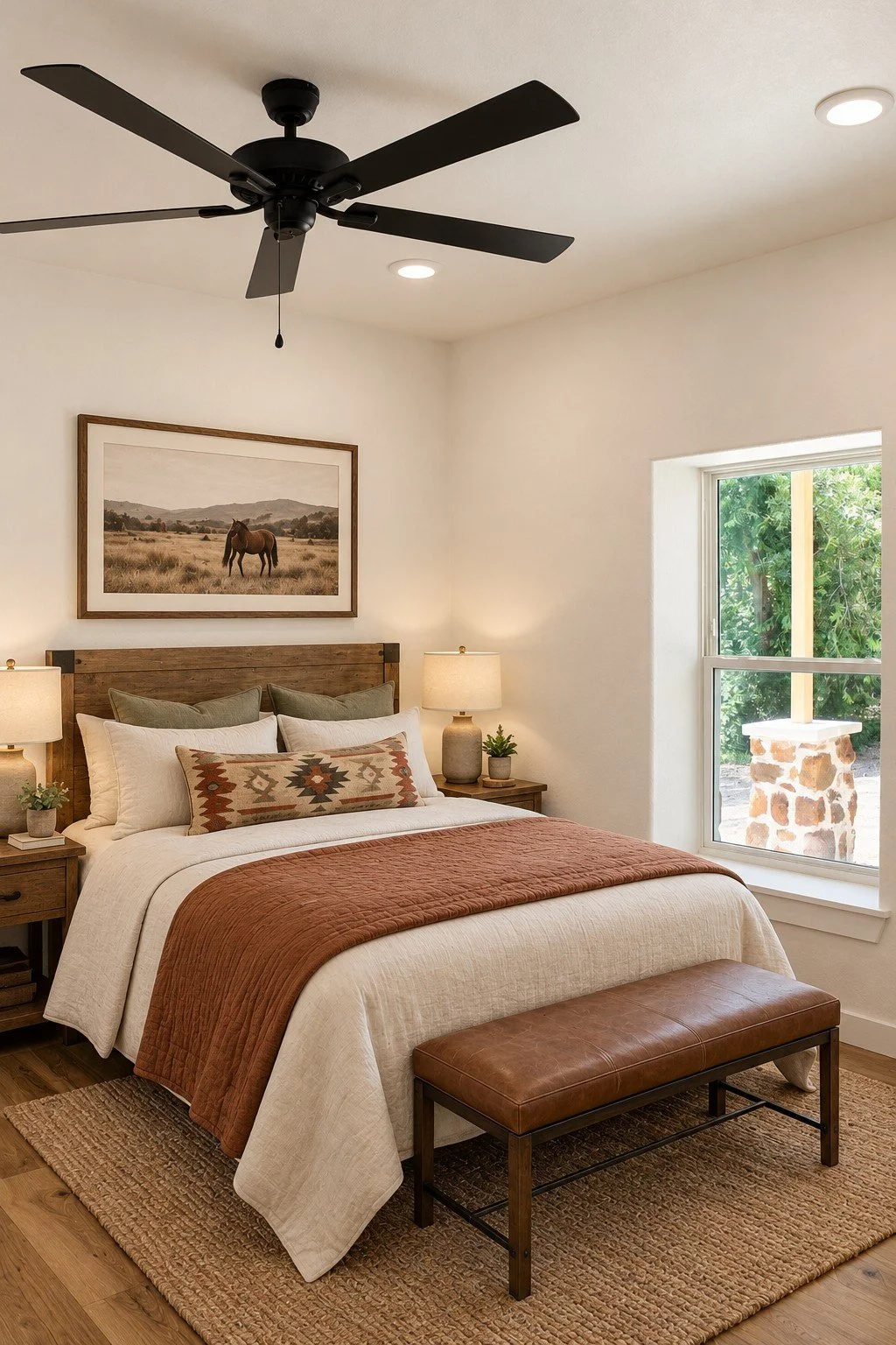 Bright secondary bedroom featuring a black ceiling fan, recessed lighting, large window, and wood-look tile flooring.