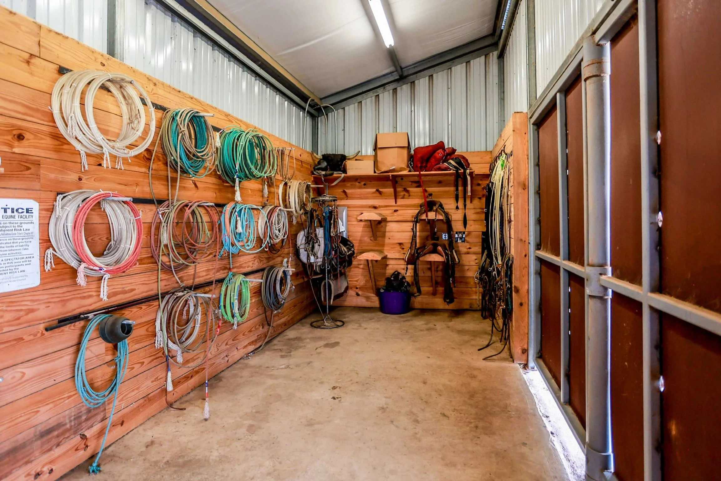 Custom tack room with saddle racks, bridle and rope hooks, pine boards in New Ulm TX