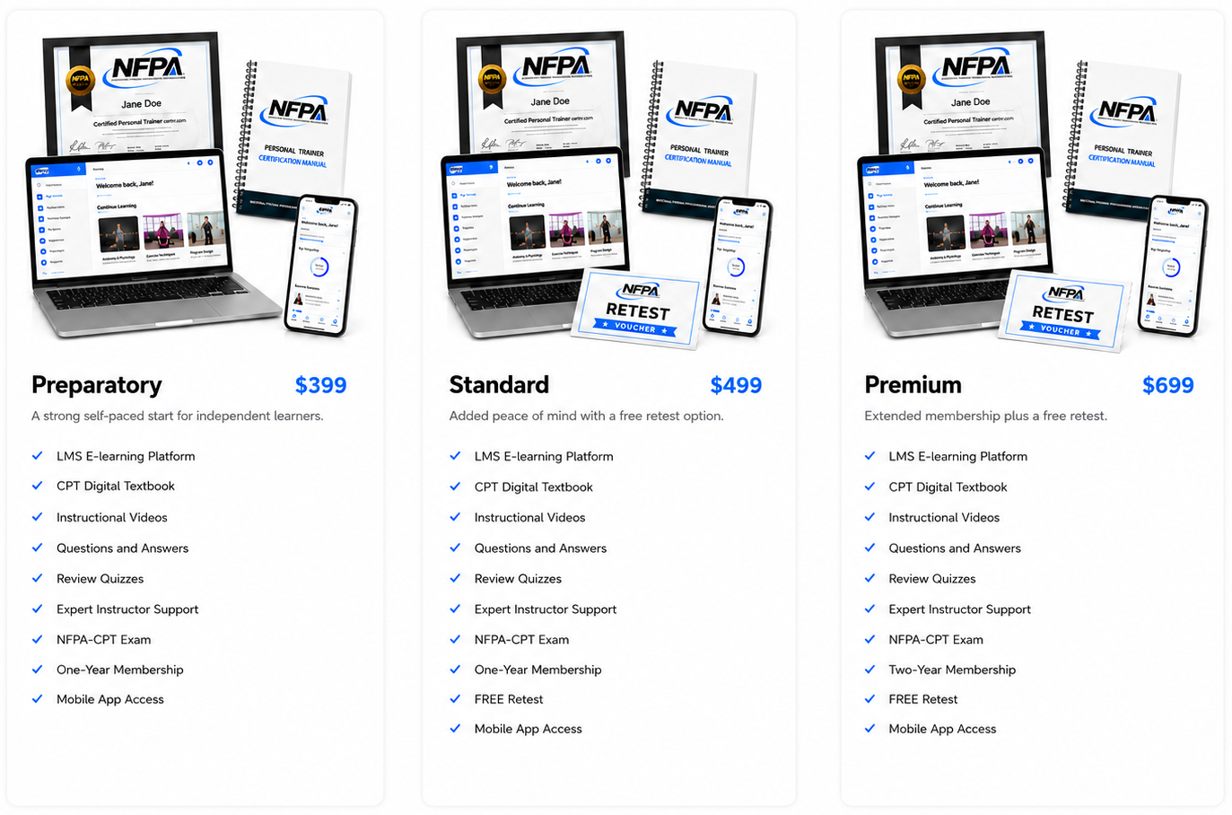 NFPA Personal Trainer Certification packages: Preparatory, Standard, and Premium with online learning, digital textbook, exam preparation, and mobile access