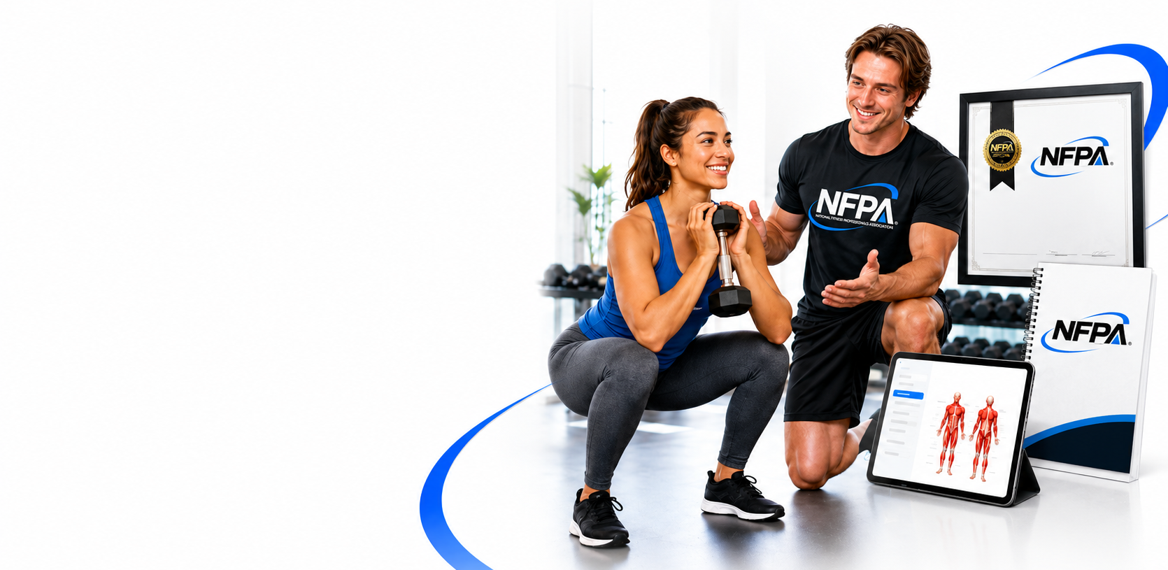 NFPA personal trainer coaching a client with certification, training manual, and online study materials