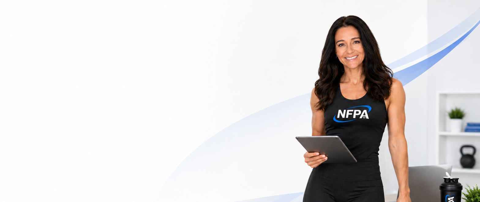 NFPA fitness professional reviewing online continuing education courses on a tablet