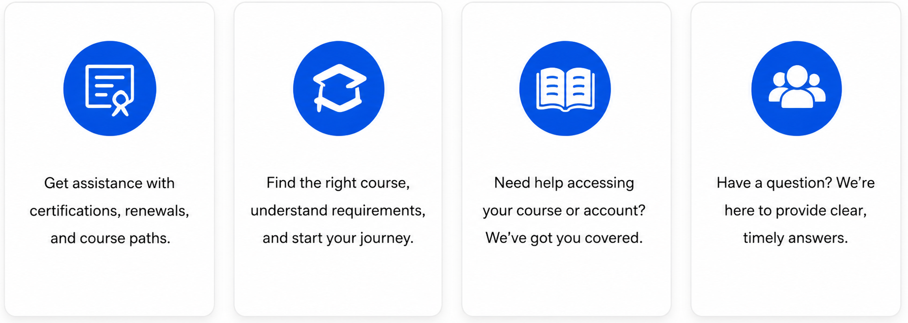 NFPA assistance for certifications, course selection, course access, and general inquiries