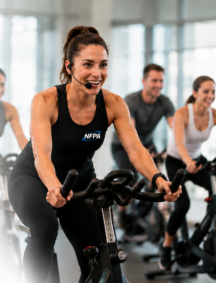 NFPA indoor cycling instructor leading a motivating indoor cycling class