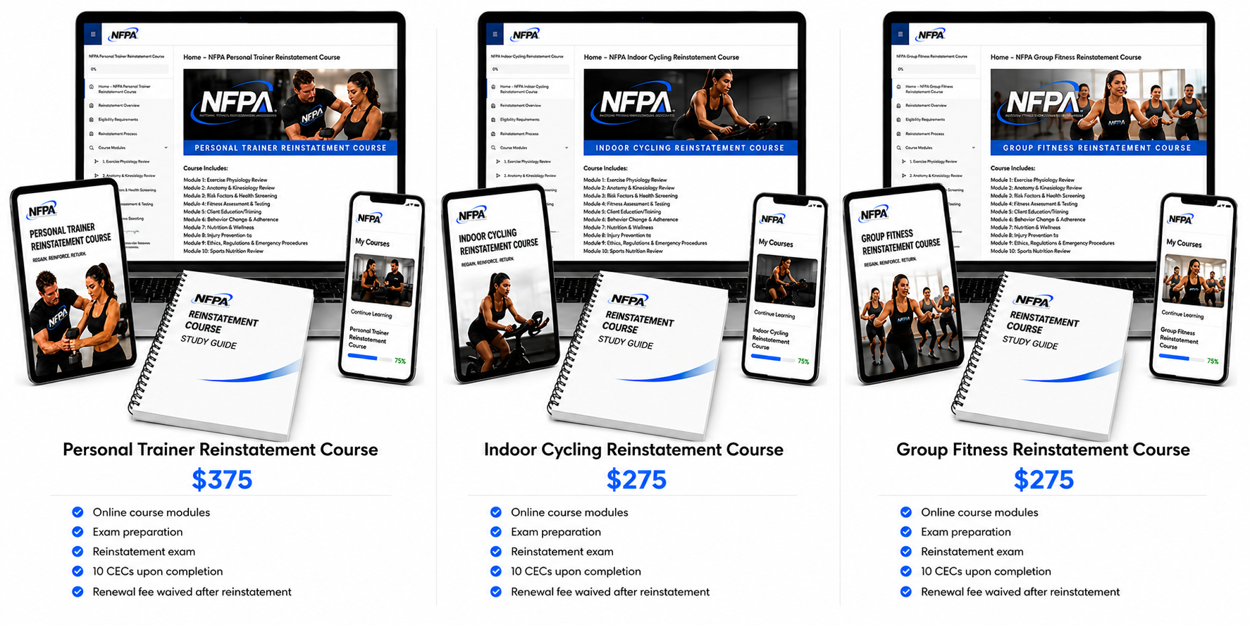 NFPA Personal Trainer Reinstatement Course priced at $375 and Indoor Cycling and Group Fitness Reinstatement Courses priced at $275