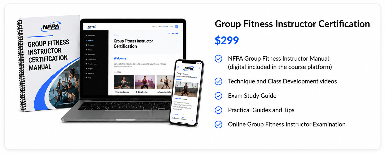 NFPA Group Fitness Instructor online course with digital manual, online learning platform, and mobile access