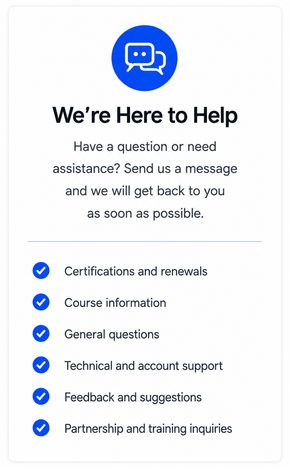 NFPA support for certifications, renewals, courses, accounts, general questions, feedback, and training inquiries