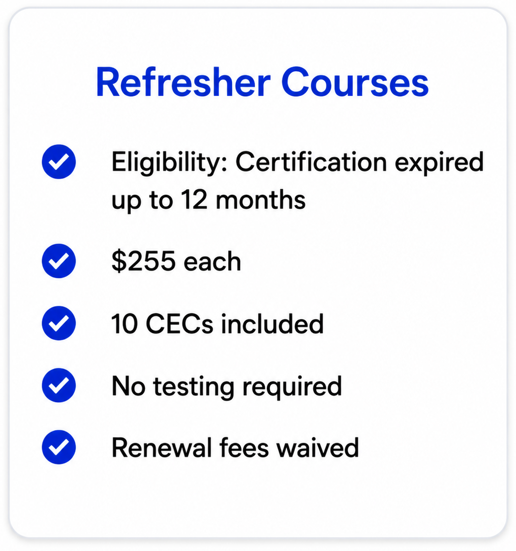 NFPA Refresher Courses for certifications expired up to 12 months include 10 CECs, no exam, and waived renewal fees