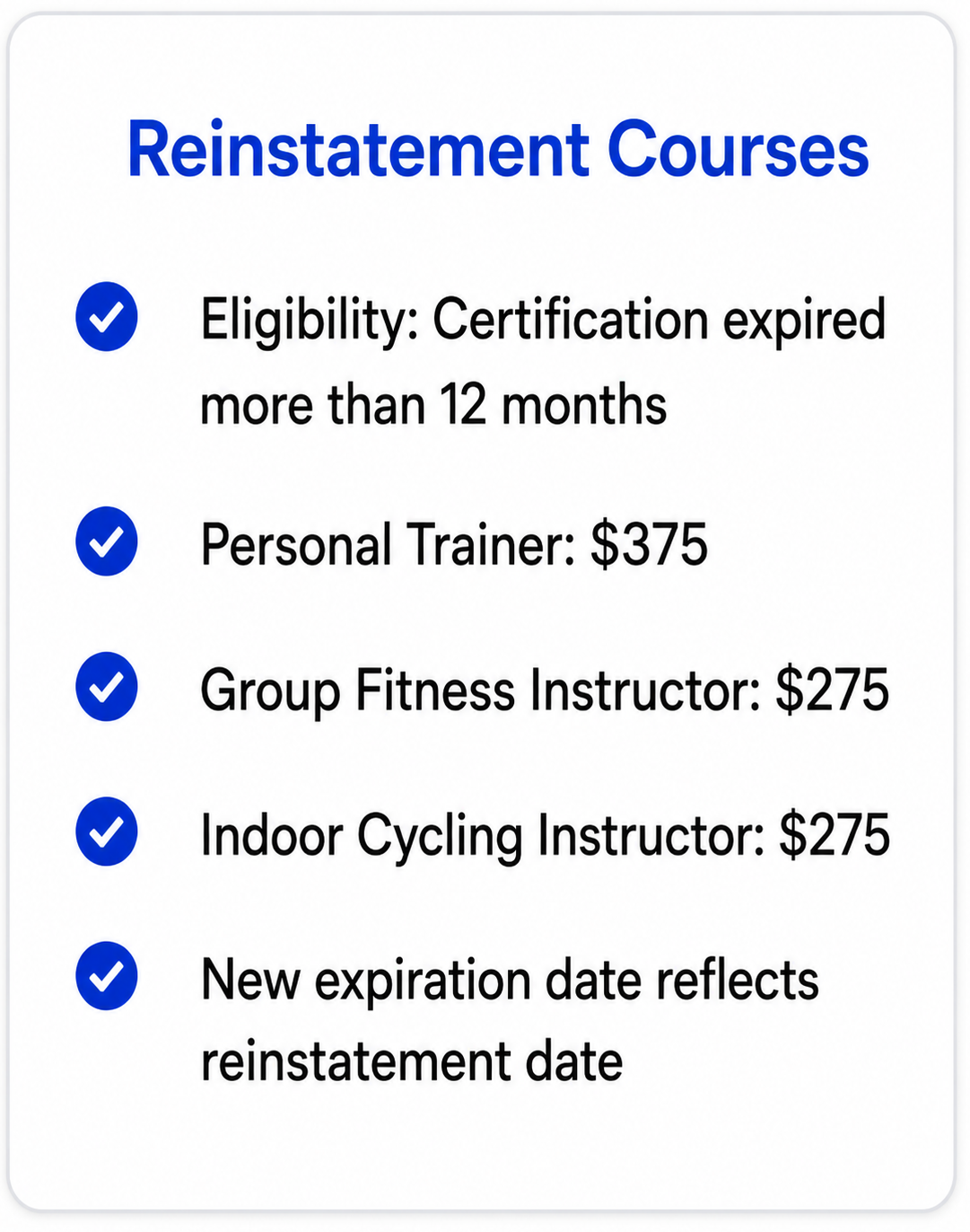 NFPA Reinstatement Courses for certifications expired more than 12 months with Personal Trainer, Group Fitness Instructor, and Indoor Cycling Instructor options