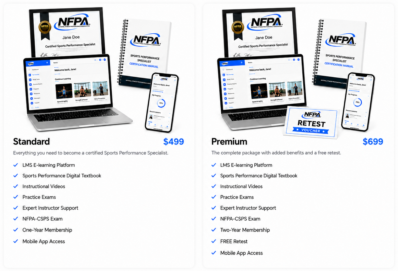 NFPA Sports Performance Specialist Certification packages: Standard and Premium with online learning, digital manual, exam preparation, mobile access, and additional Premium benefits
