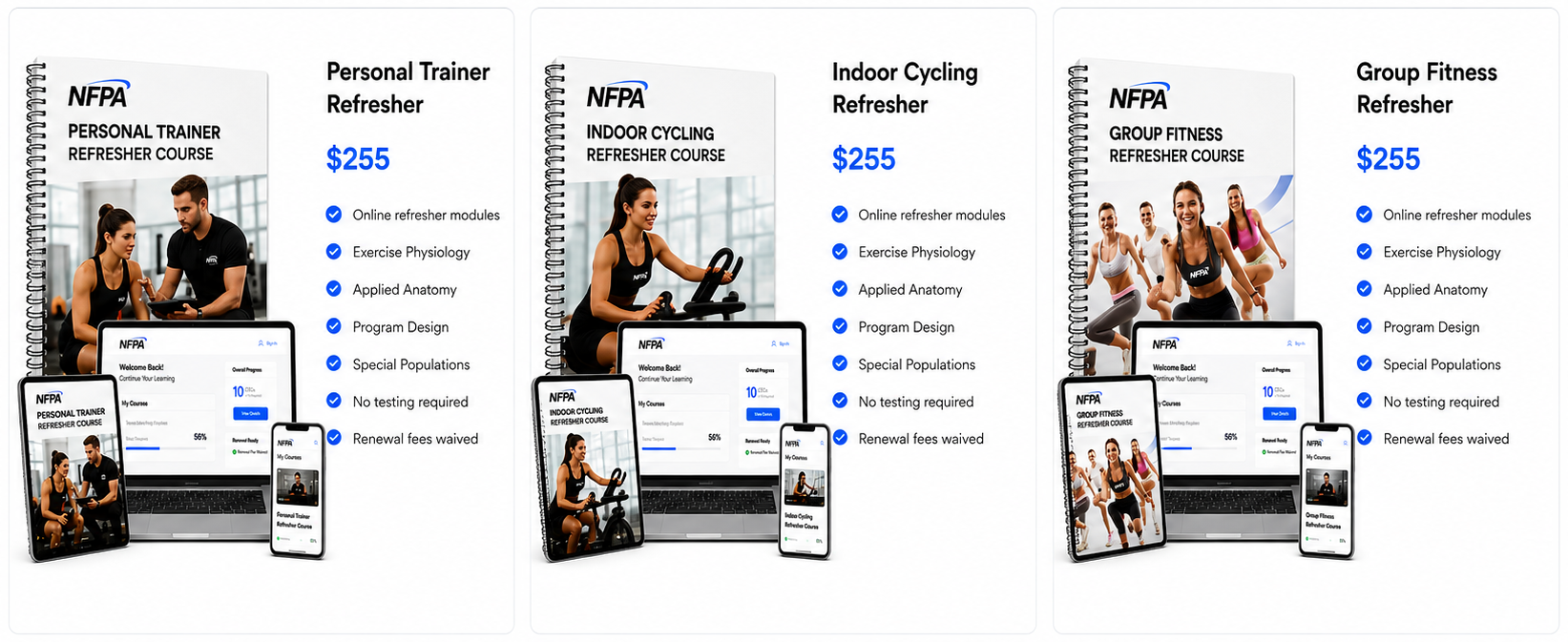 NFPA Personal Trainer, Indoor Cycling, and Group Fitness Refresher Courses, each priced at $255