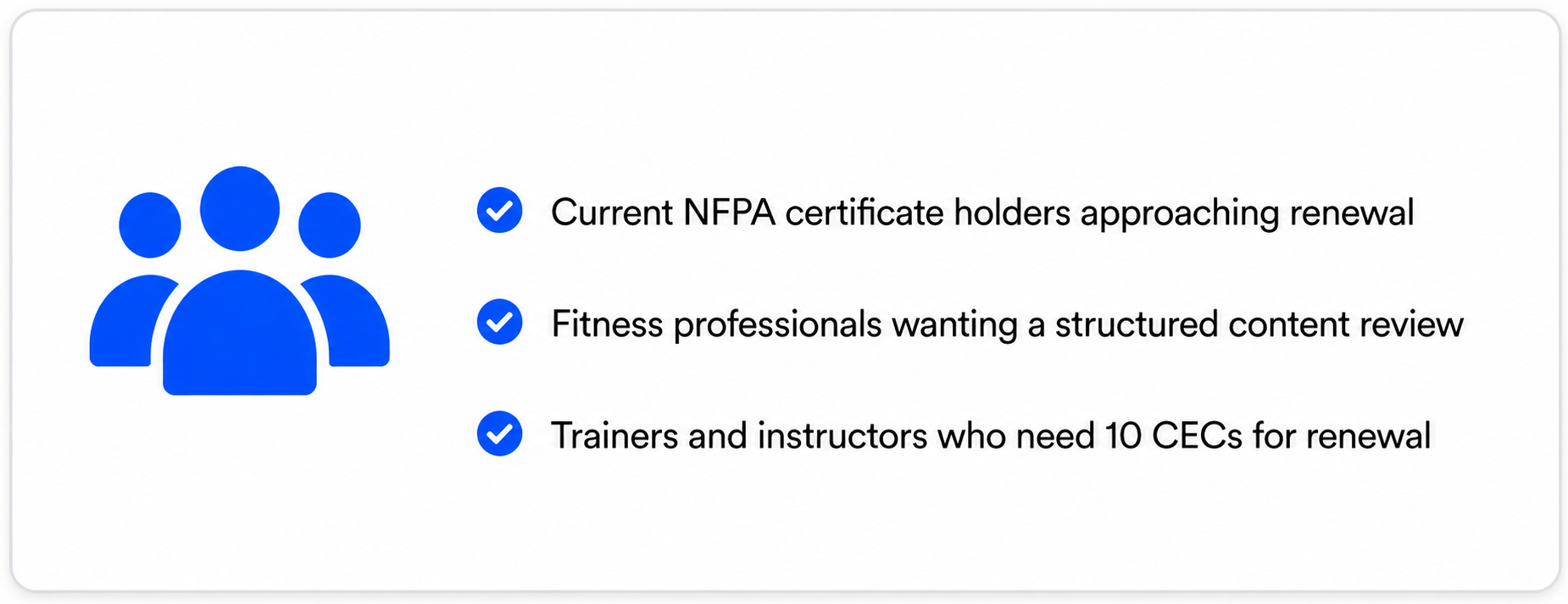 NFPA Refresher Courses for current certificate holders approaching renewal, fitness professionals seeking structured review, and trainers needing 10 CECs
