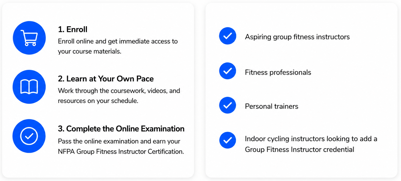 NFPA Group Fitness certification process includes online enrollment, self-paced study, and an online exam for aspiring instructors and fitness professionals