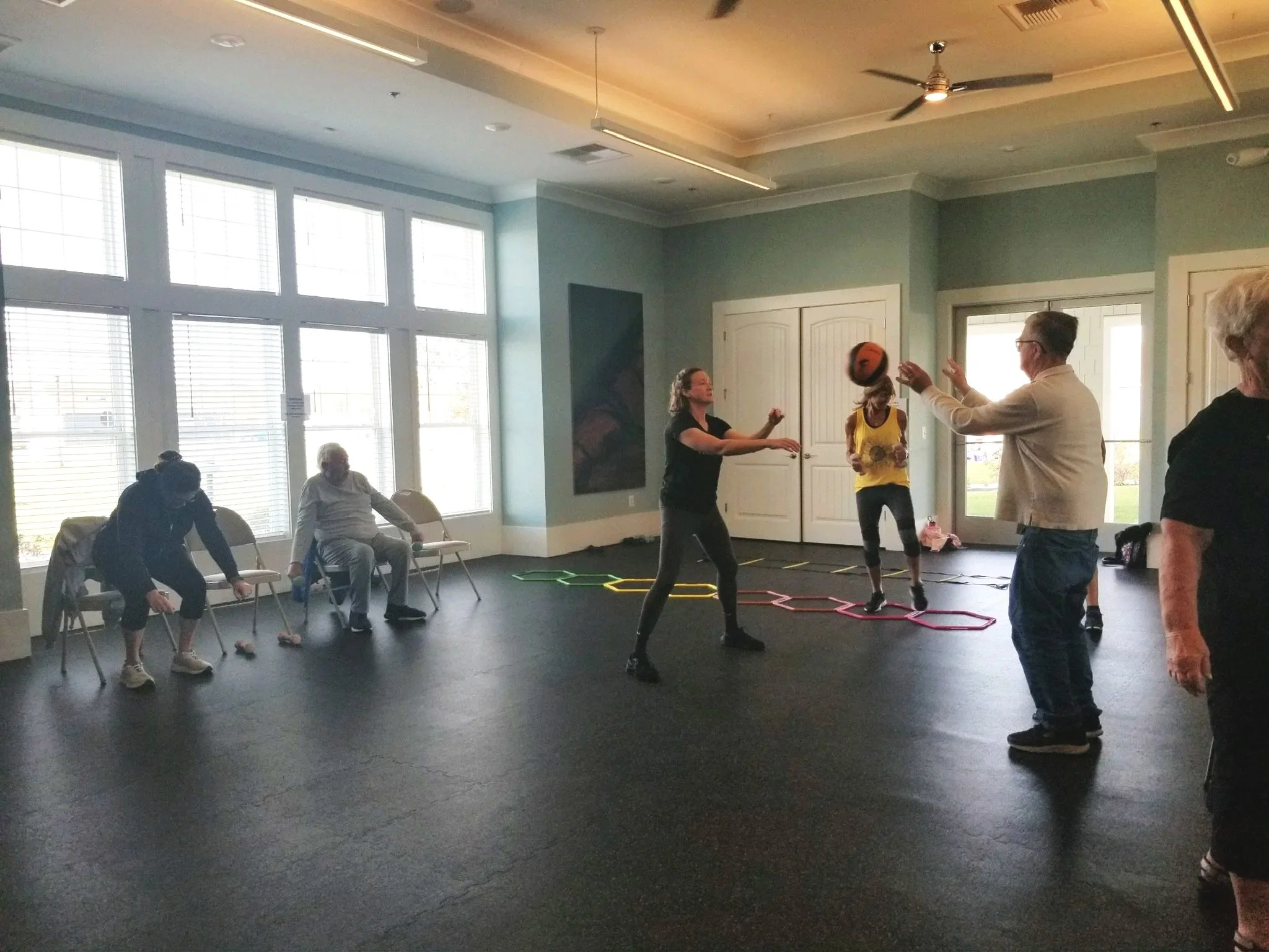 Group of elderly people in a spacious room with large windows, some sitting and some standing, participating in an activity involving a ball and colorful agility rings on the floor.