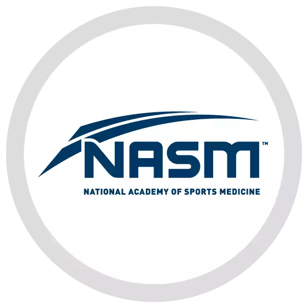 Logo of NASM, the National Academy of Sports Medicine, with blue stylized swoosh above the acronym.