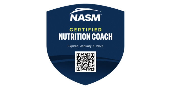 NASM Certified Nutrition Coach badge with expiration date of January 3, 2027, featuring a QR code.