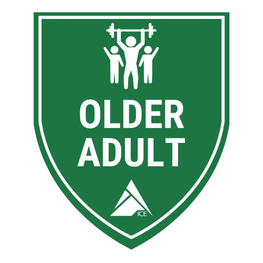 A green shield-shaped sign with white border and white text that reads "Older Adult." The top of the sign features three human figures lifting a barbell with weights. At the bottom, there's a small ICE tent logo.