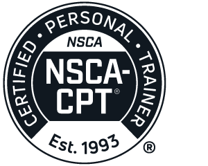 NSCA-CPT certification seal with text indicating certification since 1993.