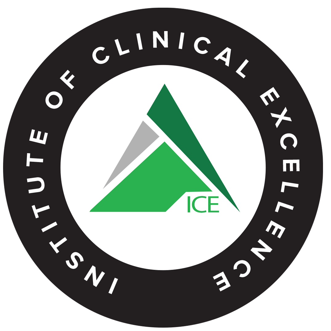 Logo of the Institute of Clinical Excellence, featuring a black circular background with white text and a stylized green and gray mountain peaks, with the word 'ICE' in green.