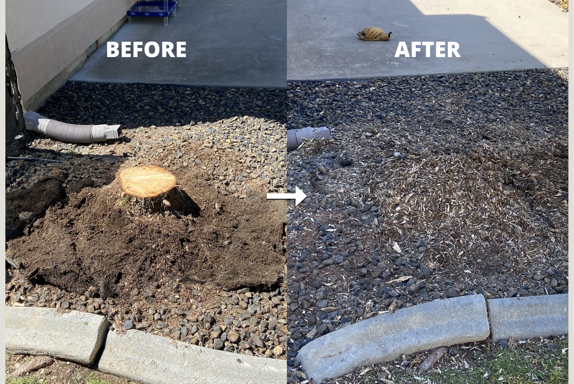Side-by-side comparison of a landscaped area before and after clearing and cleaning. The 'before' side shows a tree stump on top of soil surrounded by gravel, with construction material nearby. The 'after' side shows the area cleared of the stump, wi