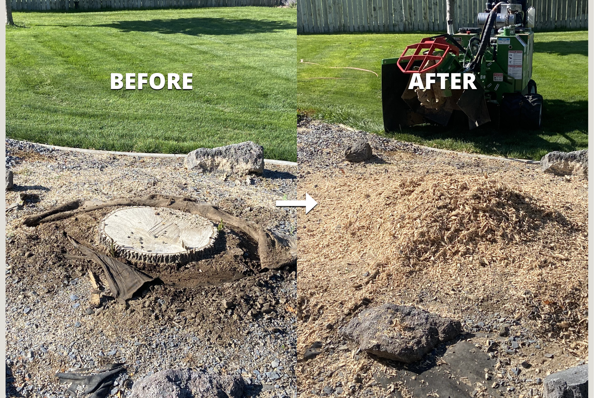 Side-by-side comparison of a yard before and after landscaping work. The 'before' shows a section with a tree stump, bare soil, and some rocks. The 'after' shows the same area with the stump removed, replaced by a pile of mulch or wood chips, and a l