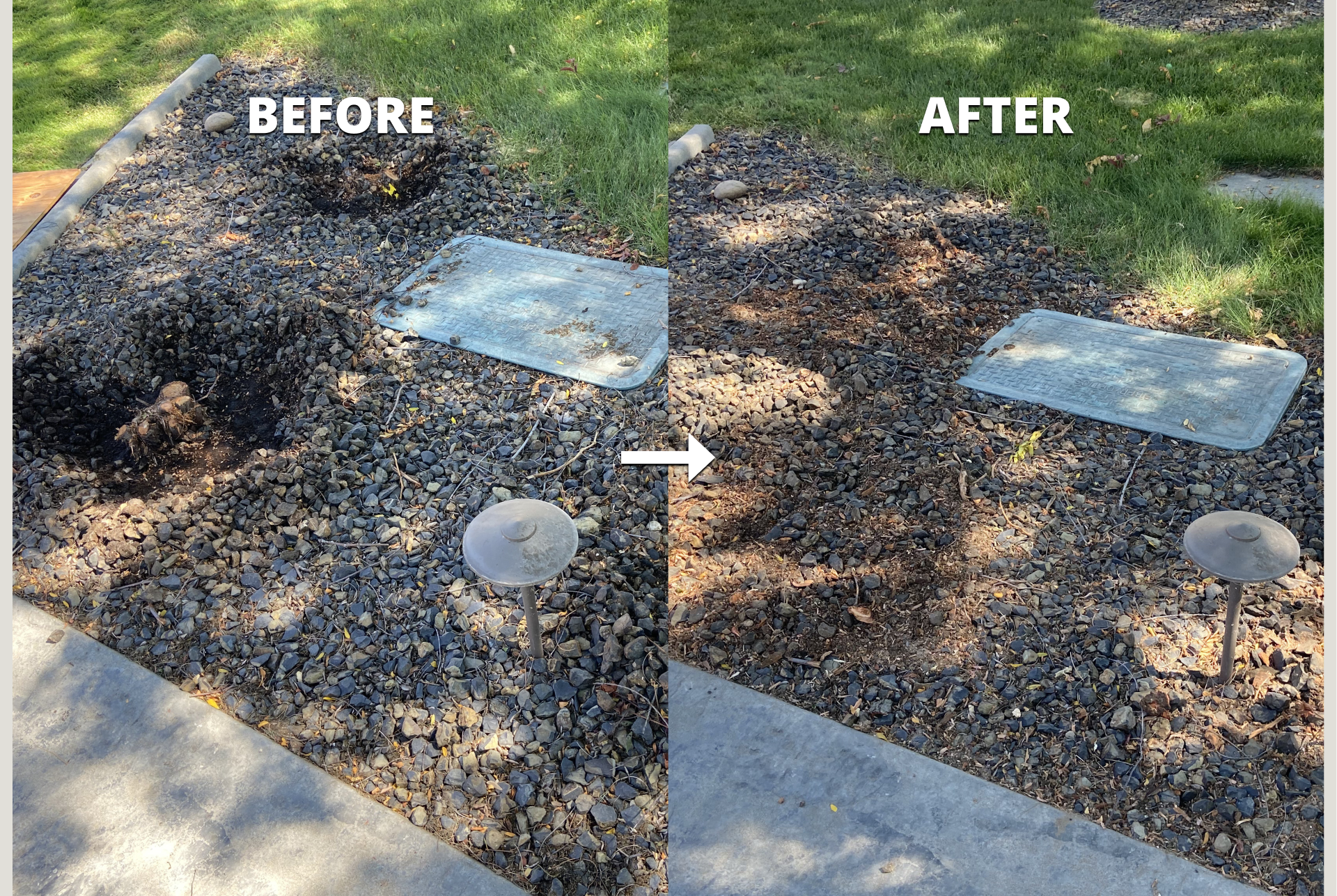 A landscape showing a small area with rocks, a small lamp post, and a metal utility cover on the ground. The left side labeled "Before" shows a pile of dark dirt or burnt material, while the right side labeled "After" shows the area cleaned and free