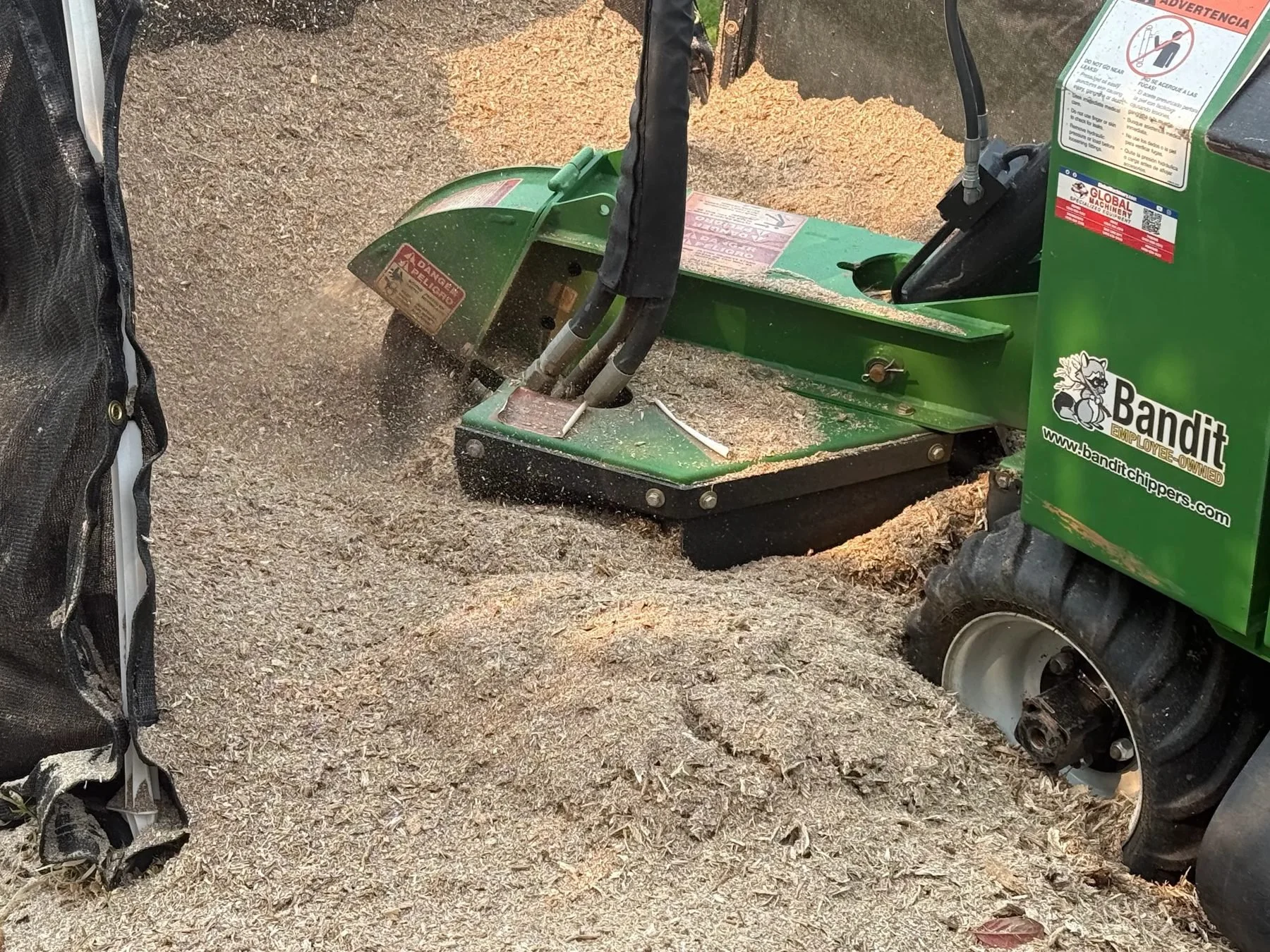 Close up of the stump grinder cutting wheel during tree stump grinding in Boise