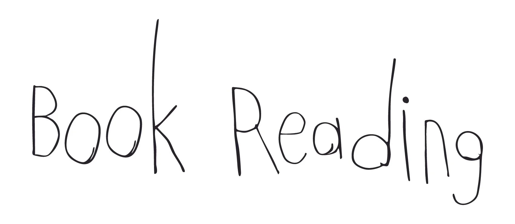 Handwritten text that says 'Book Reading' in a playful, informal style.