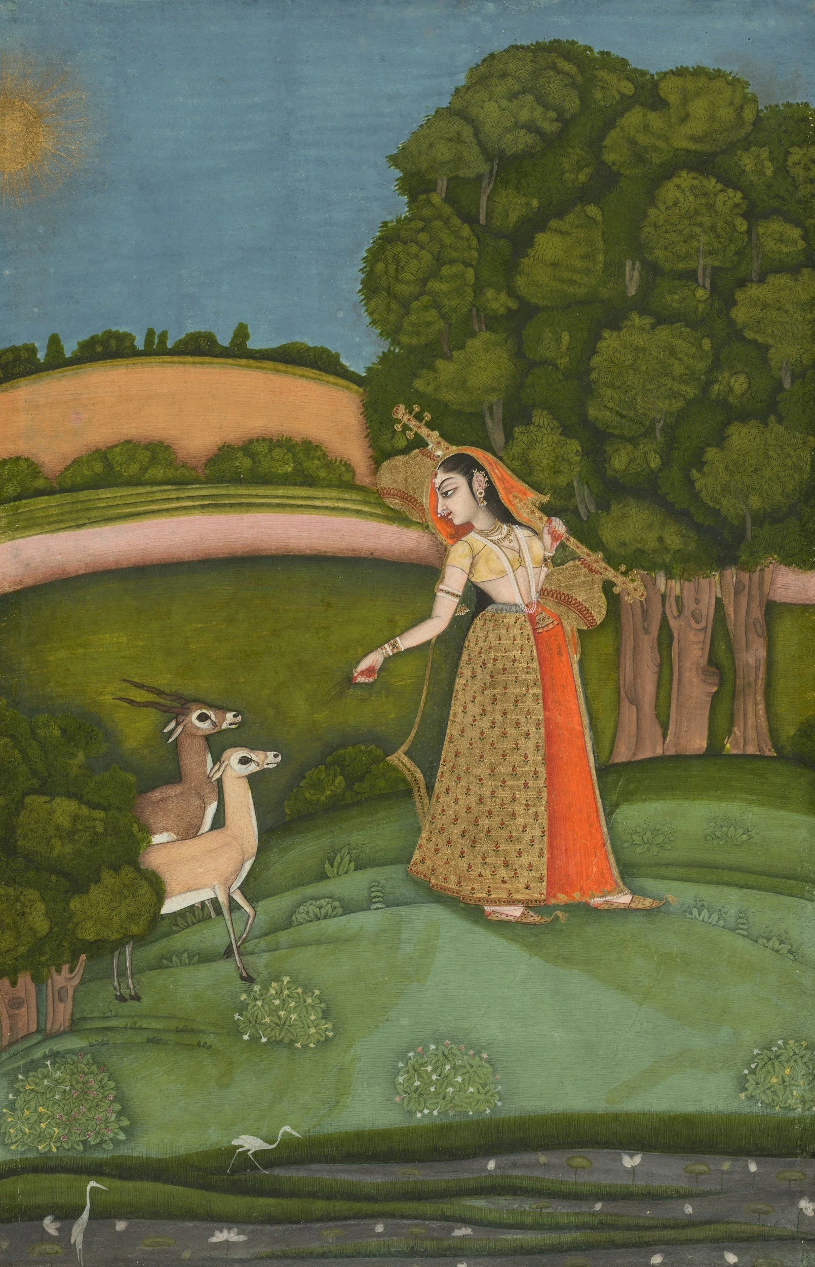 A traditional painting depicting a woman in ornate attire walking in a lush landscape with trees, animals, and a bright sun in the sky.